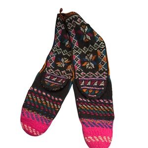 Vintage Hand Knit Wool Slipper Socks Fair Isle Geometric Folk Multi-Color 19in